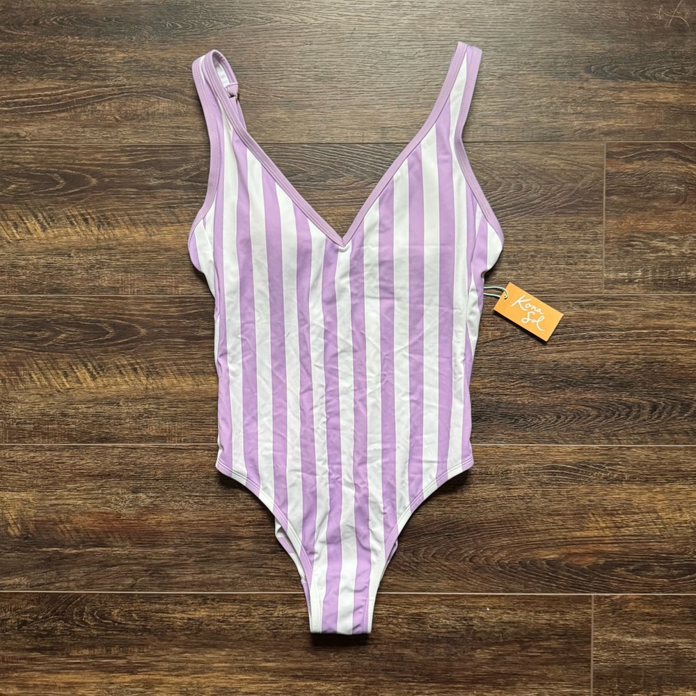 Kona Sol Purple & White Striped One-Piece Swimsuit Size M (8–10) NWT